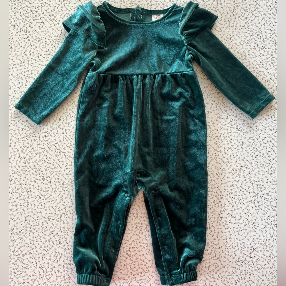 Cat & Jack Green Velvet Baby Romper Ruffle Bodysuit 6-9 mo